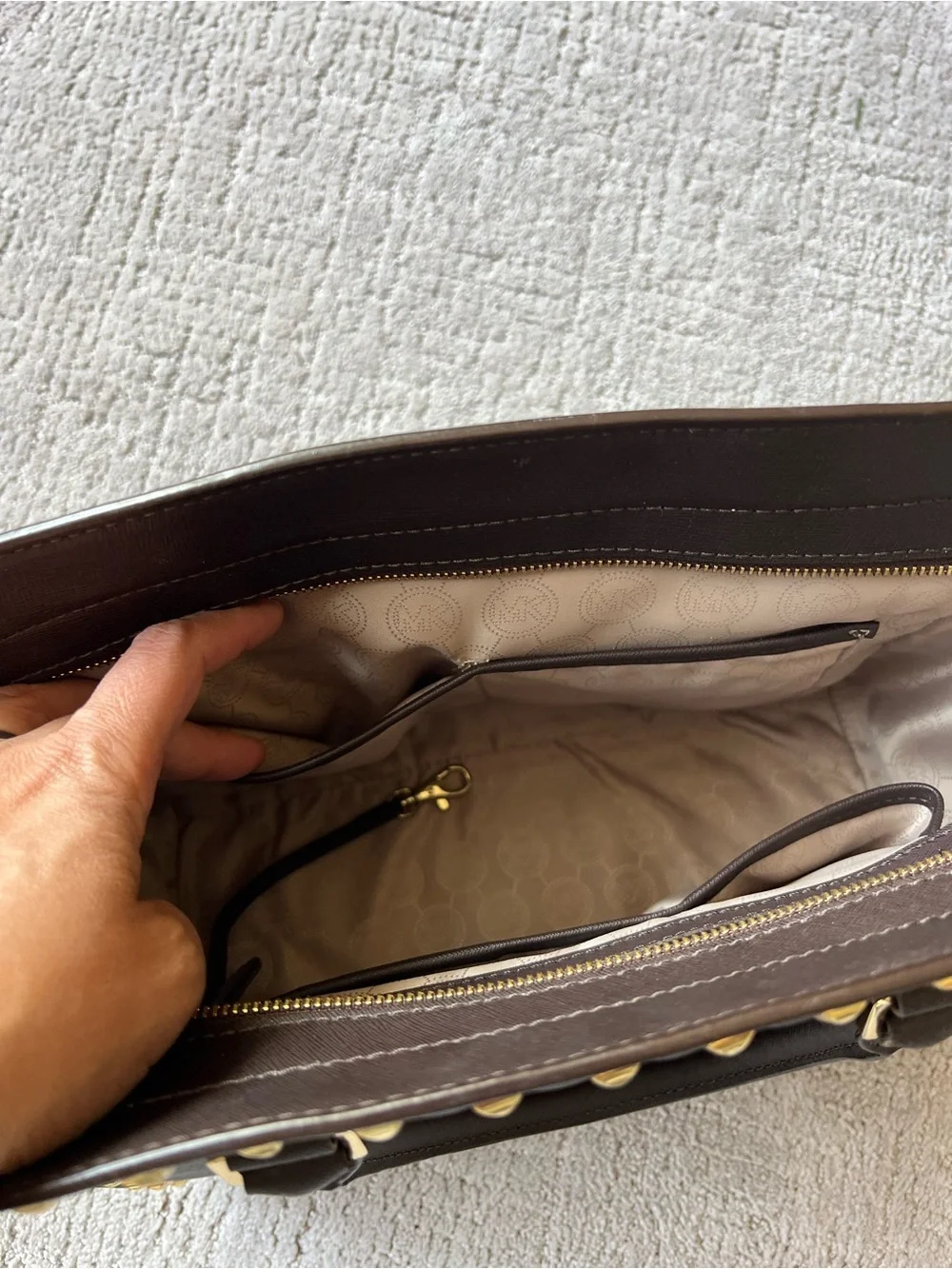 Michael Kors Dark Brown Saffiano Studded Tote with Gold Hardware